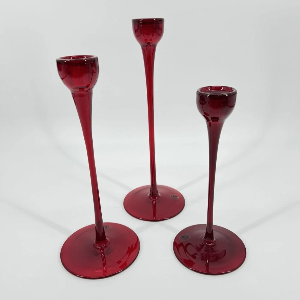 Vintage Ikea Blomster Candlestick Holders Ruby Red Glass 3 Taper Candle 90's